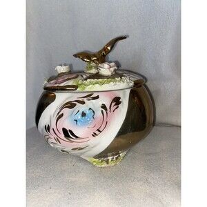 Vintage Italian Florentine Gilded Footed Ceramic Candy Dish Roses W/ Bird Lid